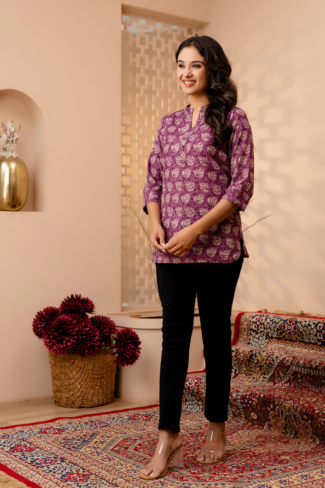 Women Purple Printed Straight Tunic | LASVINI - Redefining Indian Fashion with Elegance