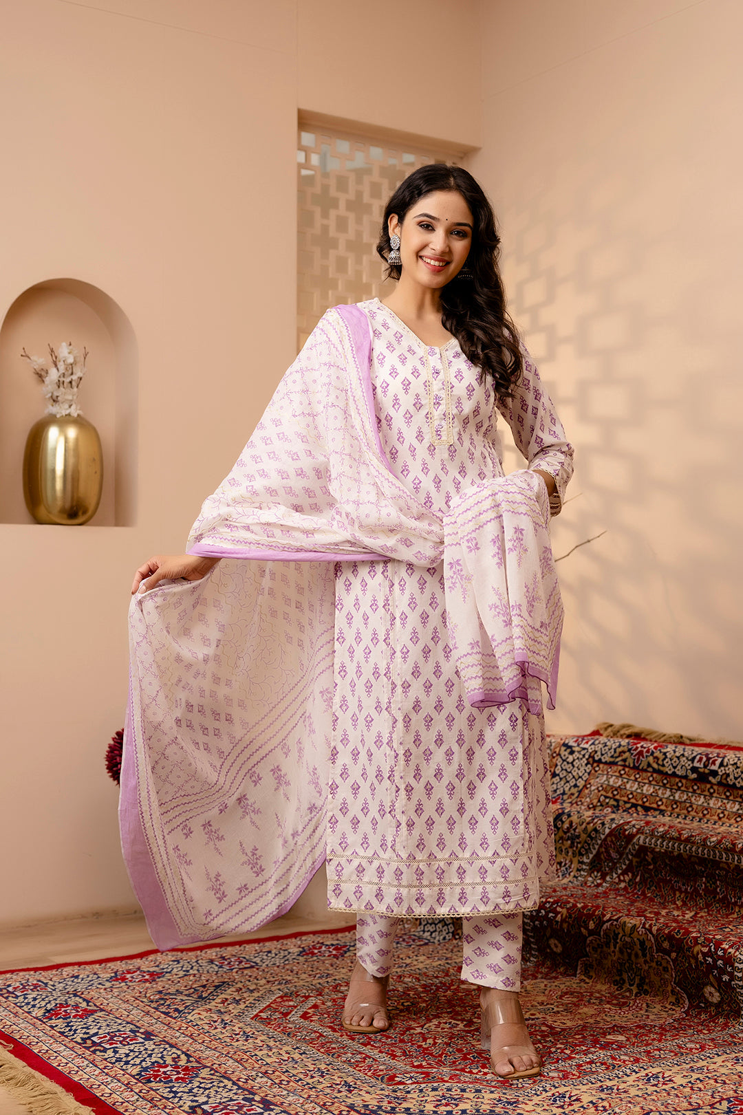 Women White And Purple Printed Straight Kurta And Trouser With Dupatta | LASVINI - Redefining Indian Fashion with Elegance