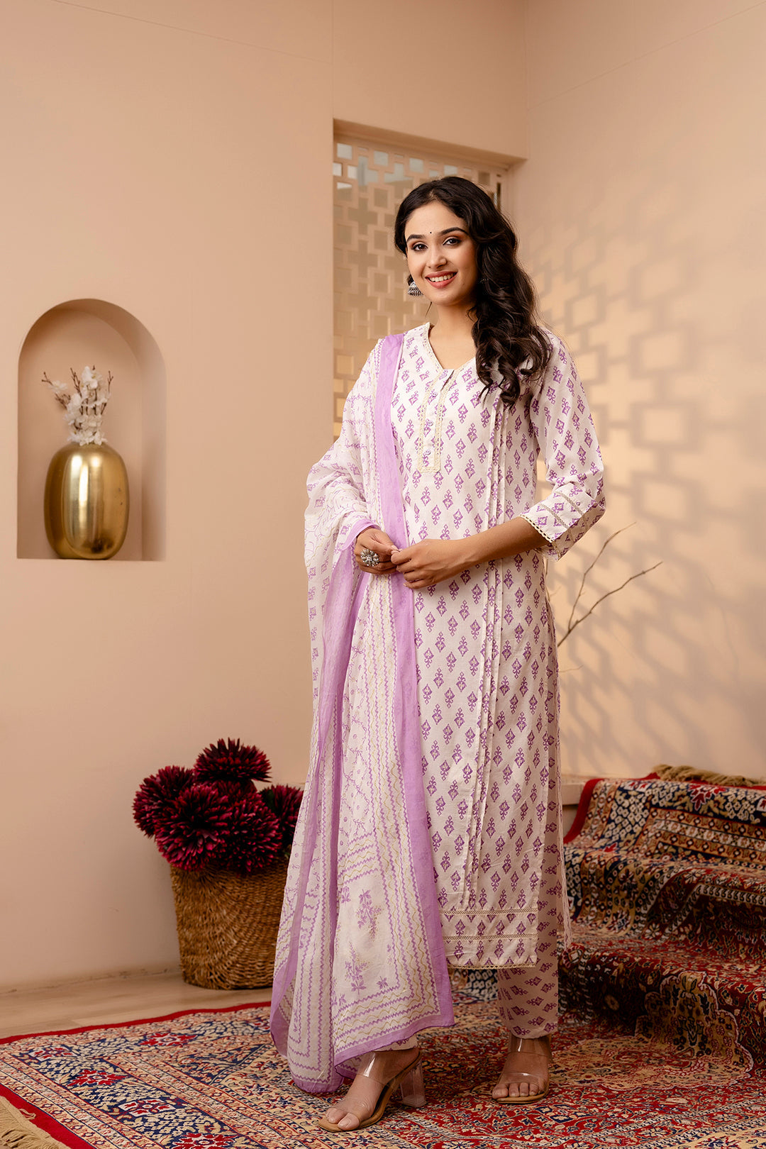Women White And Purple Printed Straight Kurta And Trouser With Dupatta | LASVINI - Redefining Indian Fashion with Elegance
