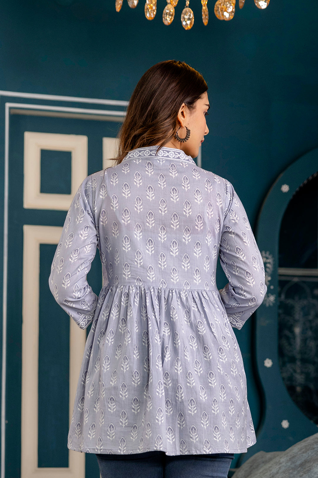 Women Blue Printed Peplum Tunic | LASVINI - Redefining Indian Fashion with Elegance