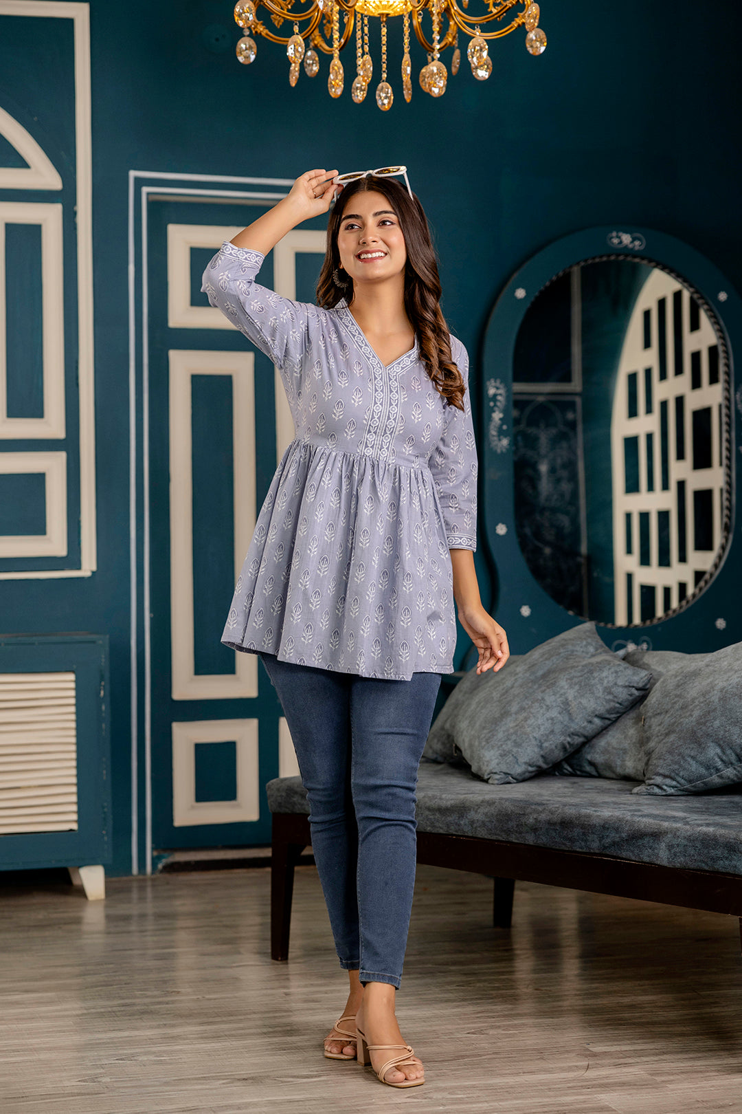 Women Blue Printed Peplum Tunic | LASVINI - Redefining Indian Fashion with Elegance