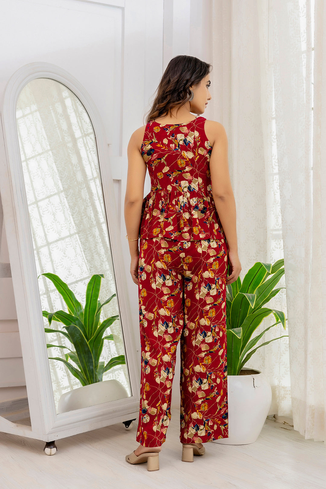 Women Maroon Printed Co-Ord Set | LASVINI - Redefining Indian Fashion with Elegance