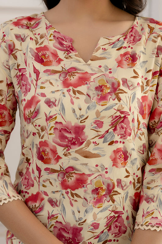 Women Pink And Off White Printed Straight Tunic | LASVINI - Redefining Indian Fashion with Elegance