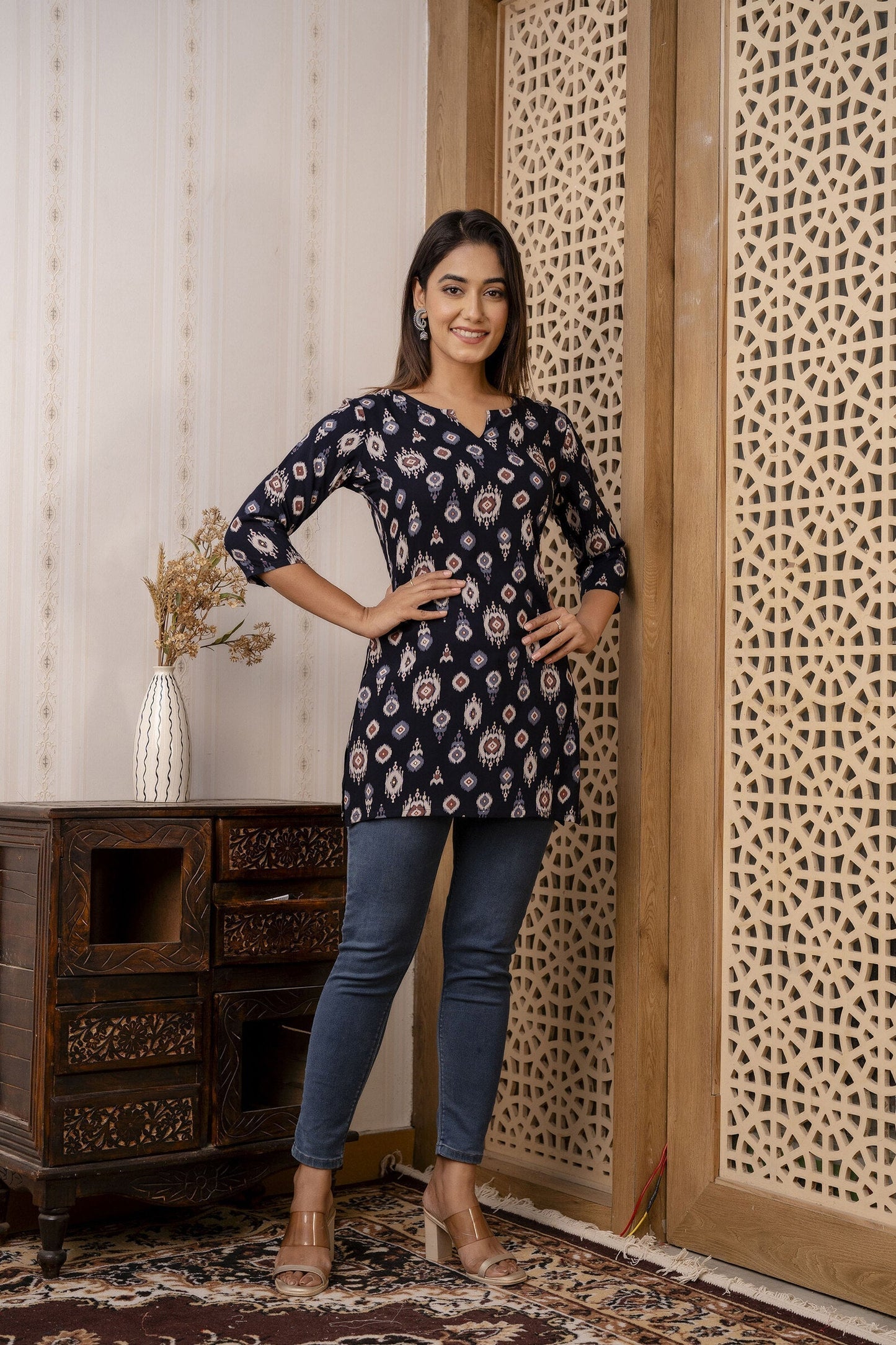 Women Black Printed Straight Tunic | LASVINI - Redefining Indian Fashion with Elegance