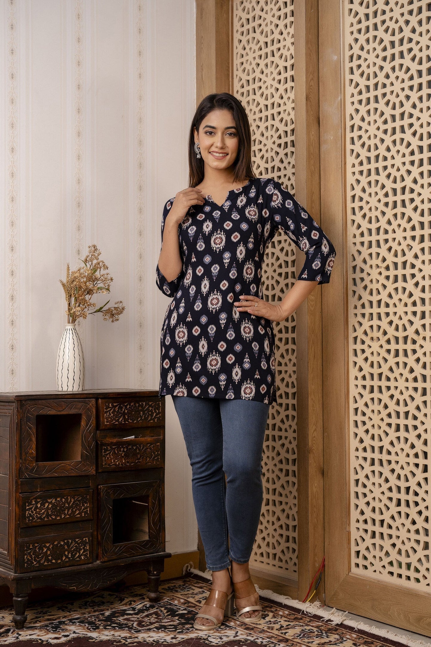 Women Black Printed Straight Tunic | LASVINI - Redefining Indian Fashion with Elegance