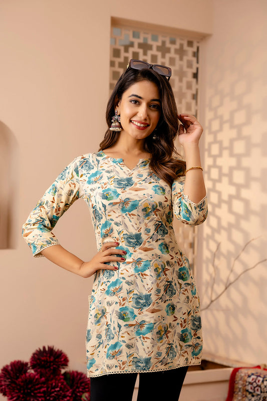 Women Off White And Green Printed Straight Tunic | LASVINI - Redefining Indian Fashion with Elegance