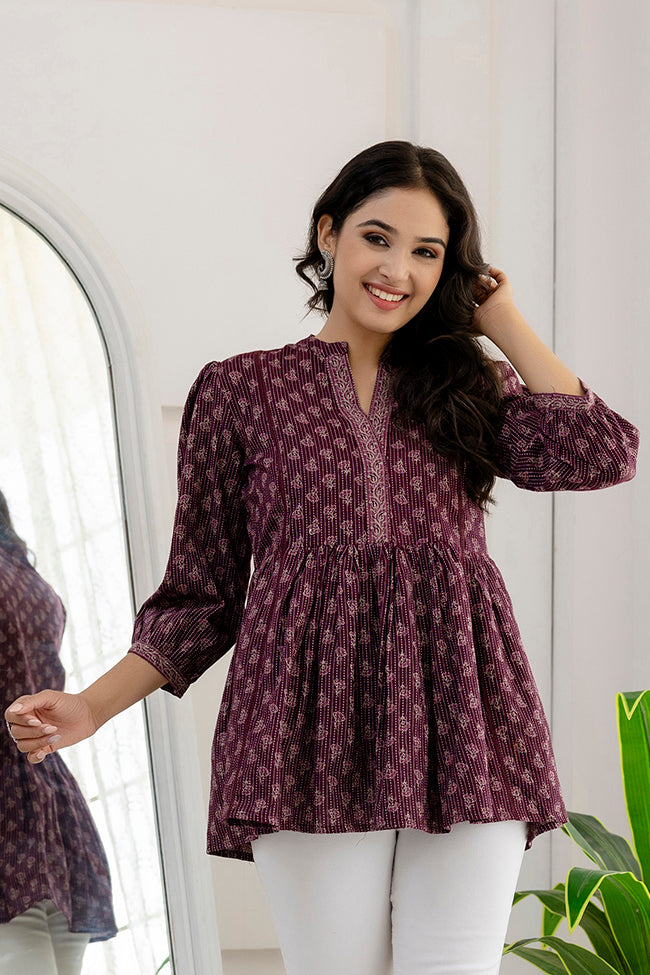 Women Purple Printed Peplum Tunic | LASVINI - Redefining Indian Fashion with Elegance