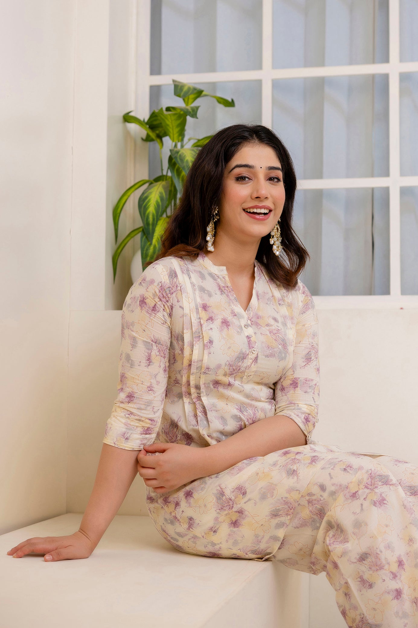 Women Cream Printed Co-Ord Set | LASVINI - Redefining Indian Fashion with Elegance