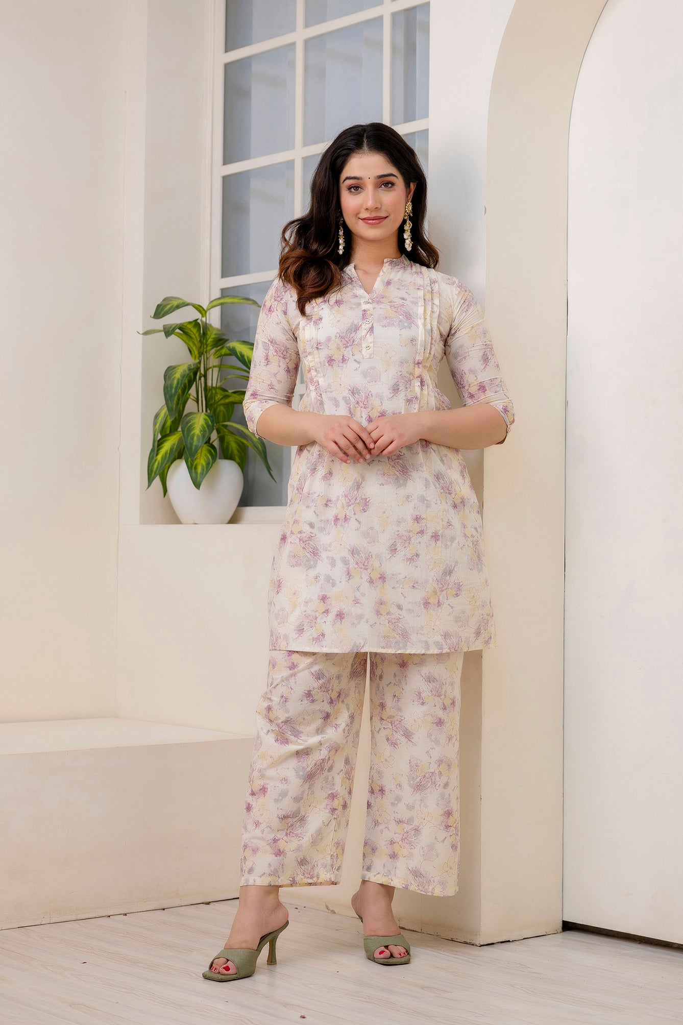 Women Cream Printed Co-Ord Set | LASVINI - Redefining Indian Fashion with Elegance