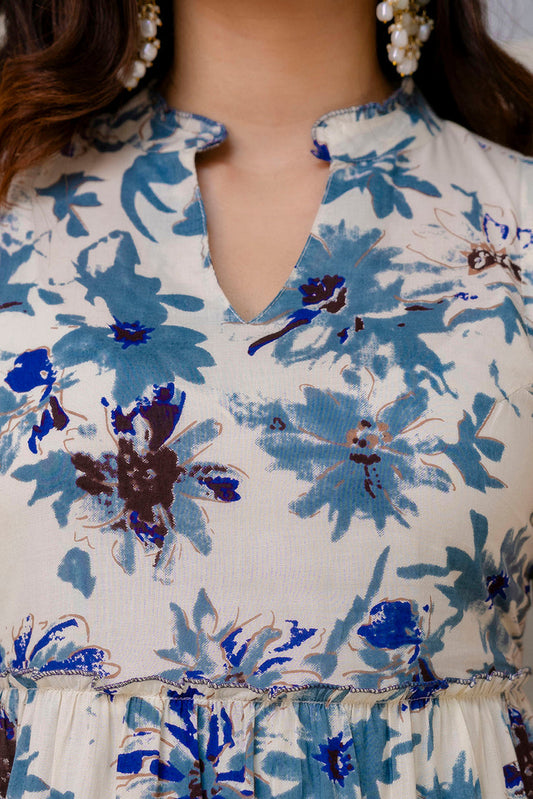 Women Off White Printed Sleeveless Flared Dress | LASVINI - Redefining Indian Fashion with Elegance