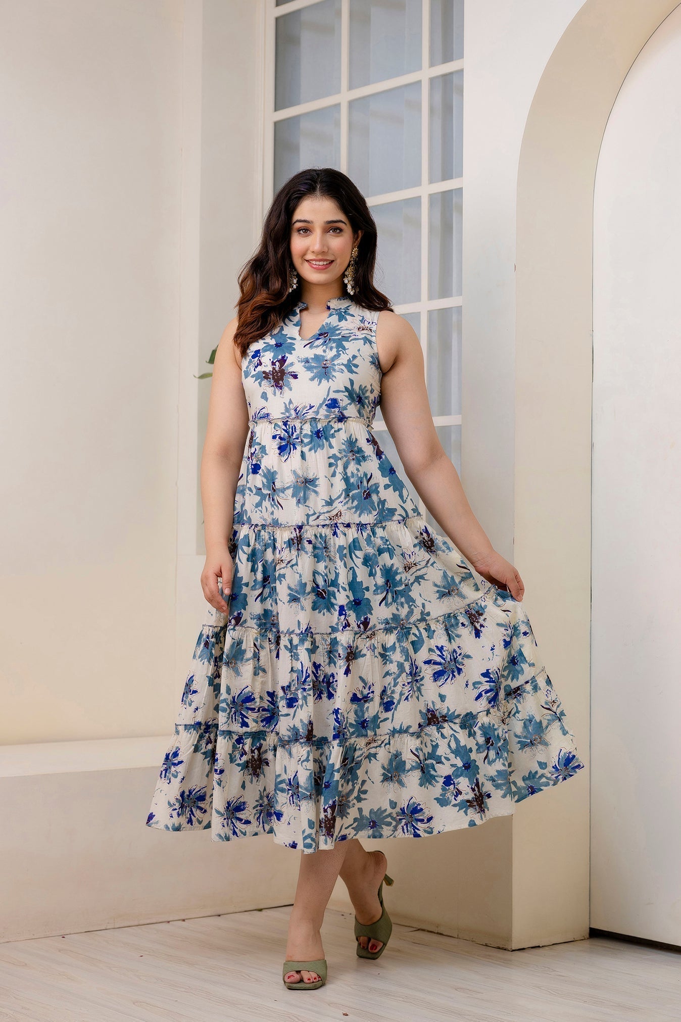 Women Off White Printed Sleeveless Flared Dress | LASVINI - Redefining Indian Fashion with Elegance