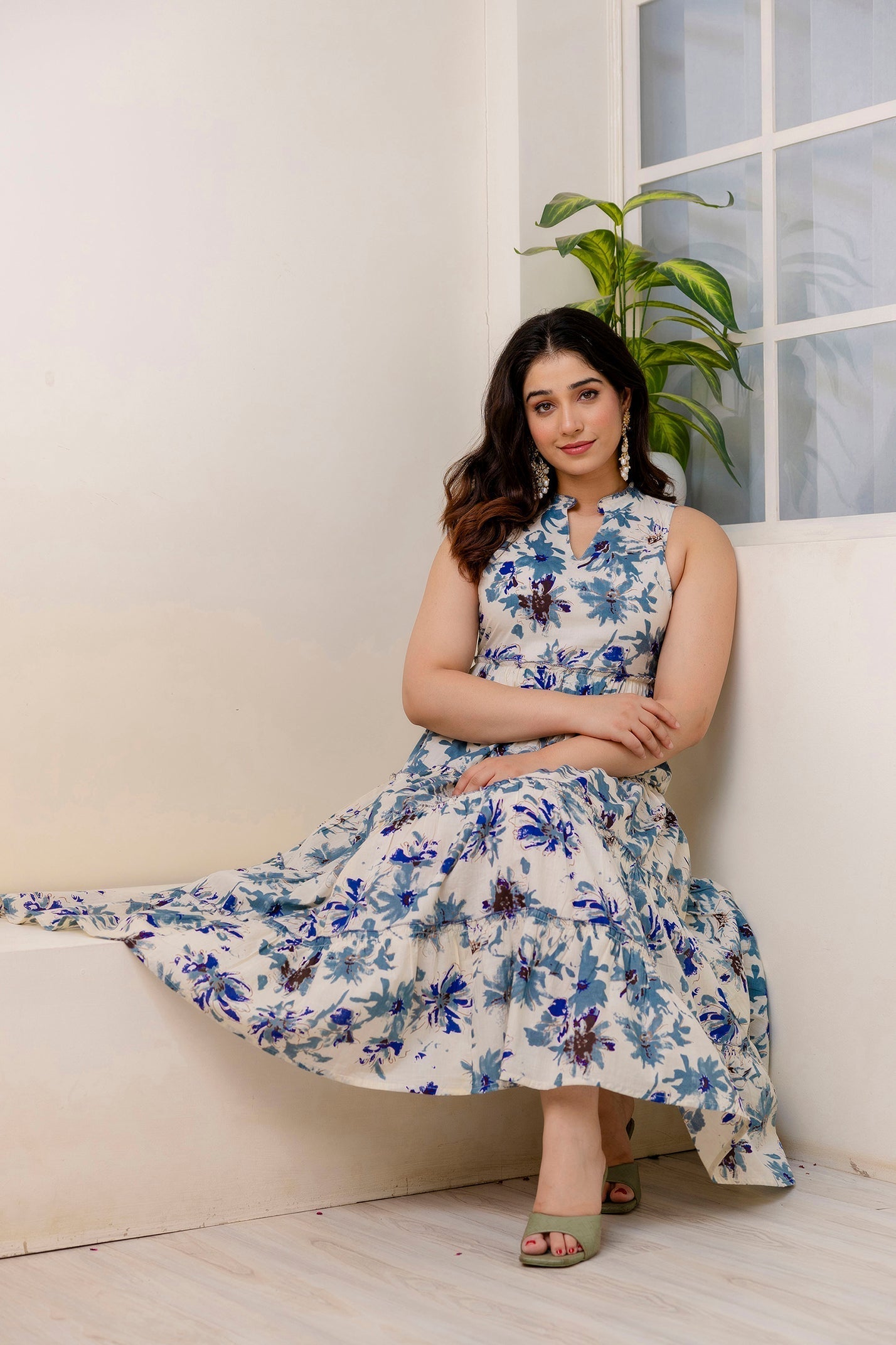 Women Off White Printed Sleeveless Flared Dress | LASVINI - Redefining Indian Fashion with Elegance
