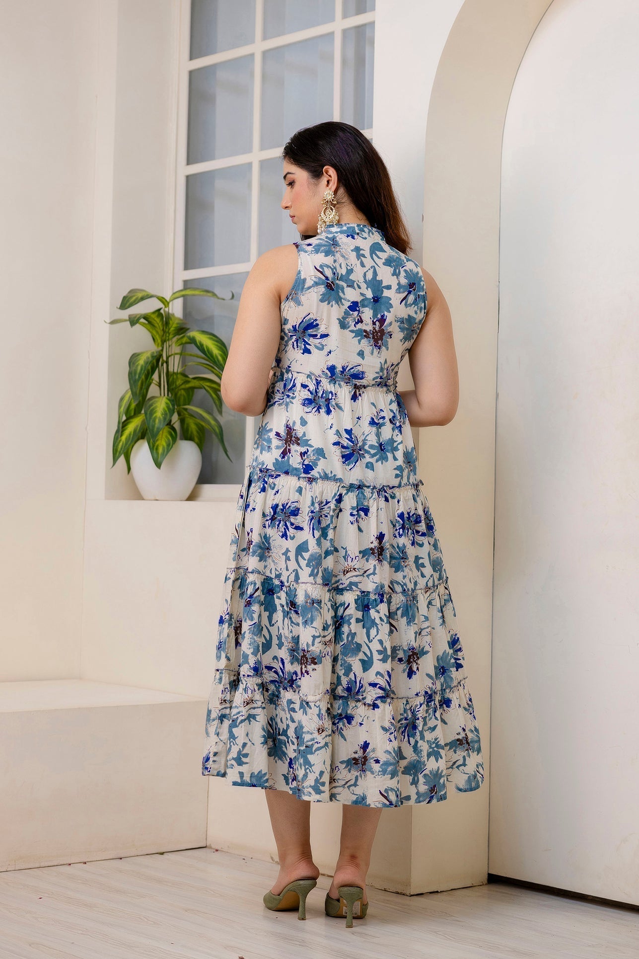 Women Off White Printed Sleeveless Flared Dress | LASVINI - Redefining Indian Fashion with Elegance