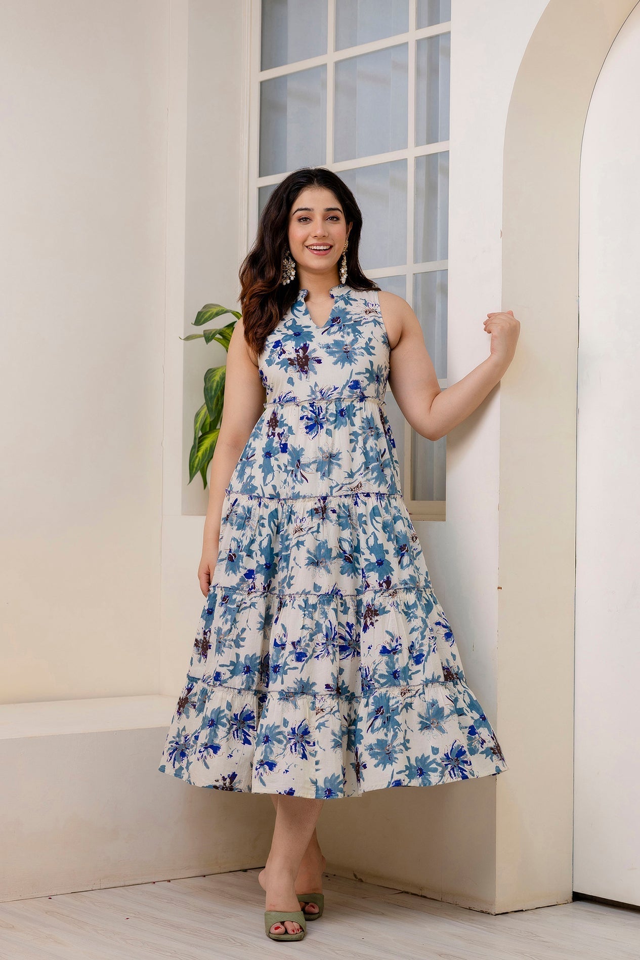 Women Off White Printed Sleeveless Flared Dress | LASVINI - Redefining Indian Fashion with Elegance