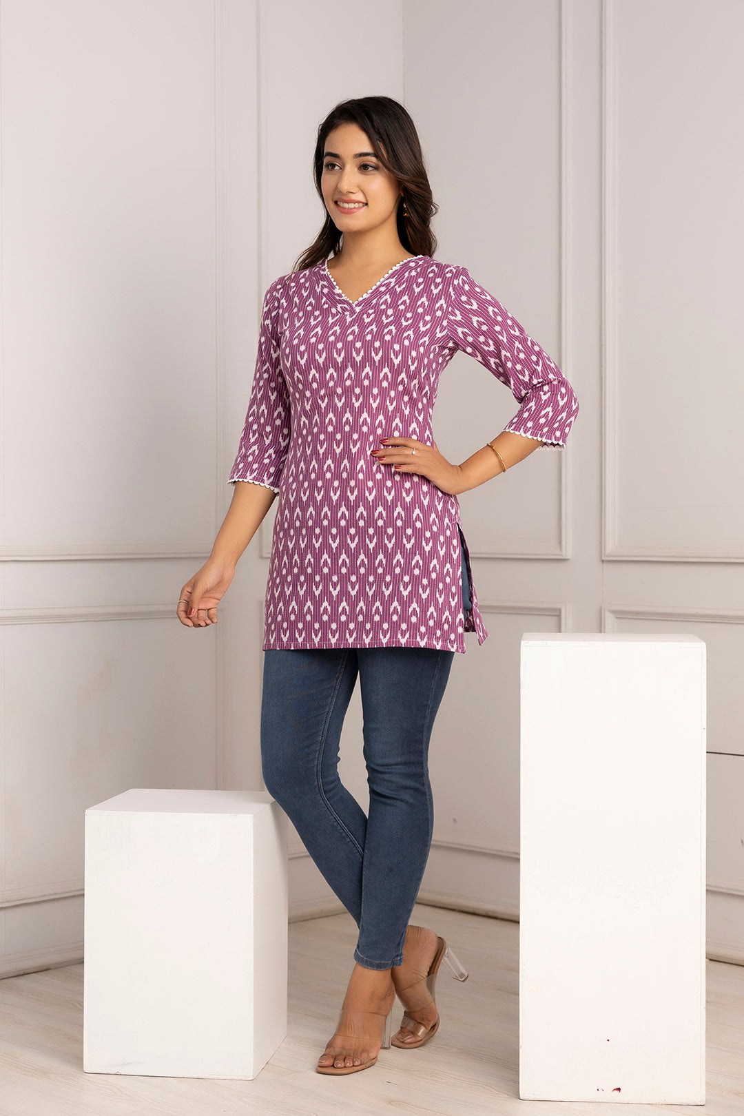 Women Purple Printed Straight Tunic | LASVINI - Redefining Indian Fashion with Elegance