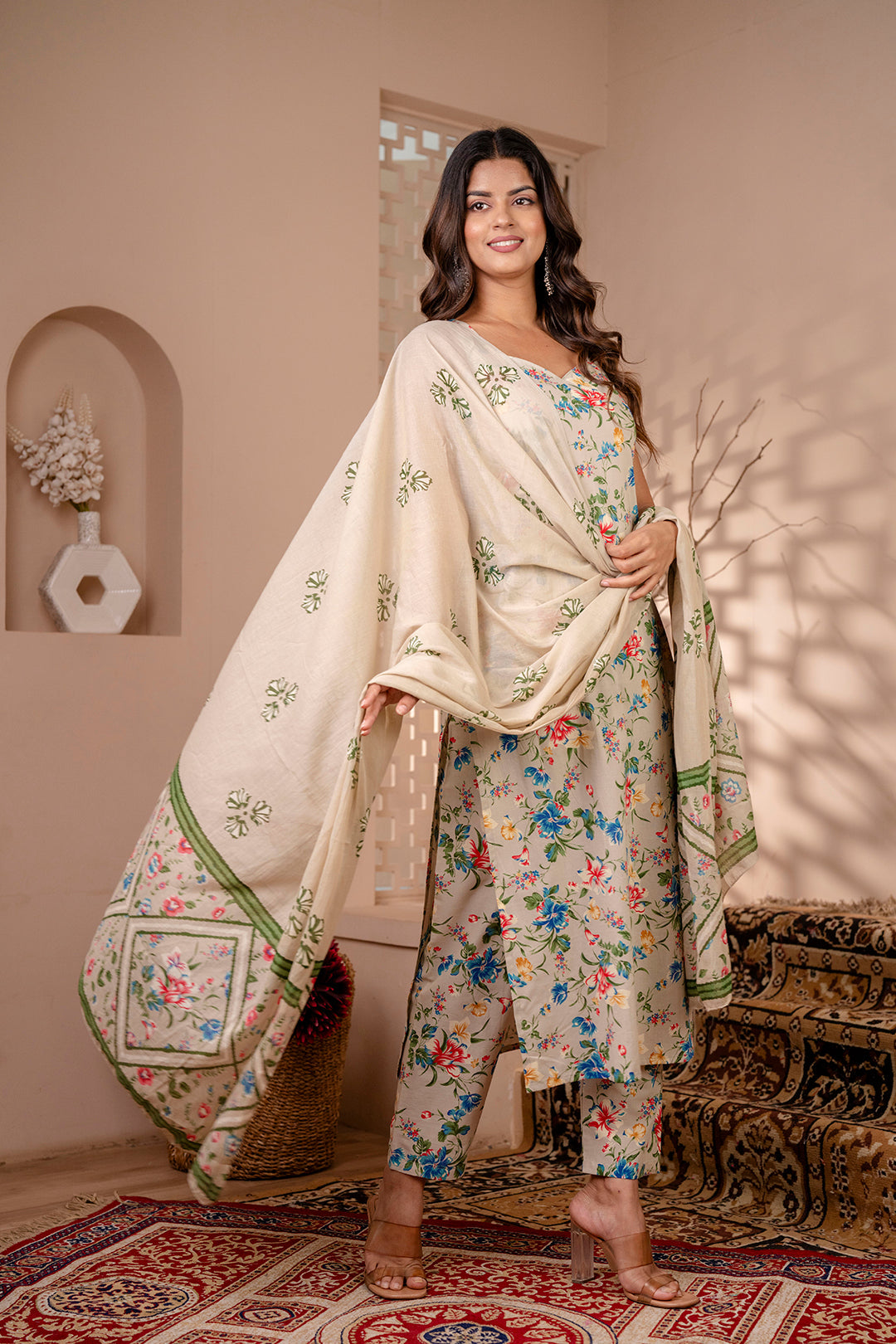 Women Beige Floral Printed Straight Kurta With Trouser And Dupatta | LASVINI - Redefining Indian Fashion with Elegance