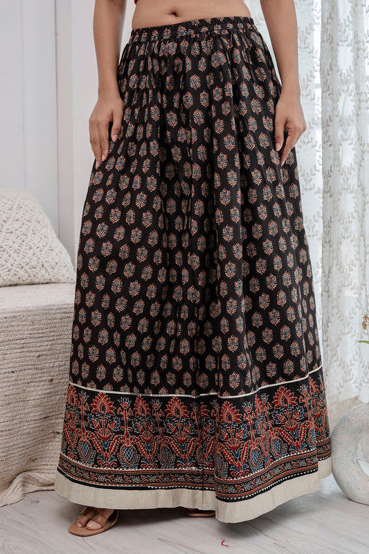 Women Black Ethnic Printed Gotta Patti Work Skirt | LASVINI - Redefining Indian Fashion with Elegance