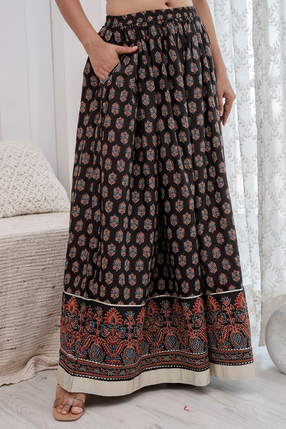 Women Black Ethnic Printed Gotta Patti Work Skirt | LASVINI - Redefining Indian Fashion with Elegance