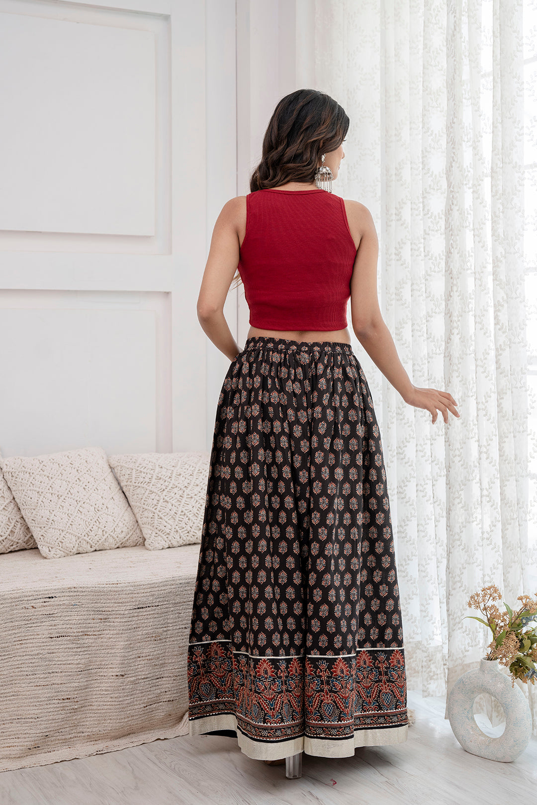 Women Black Ethnic Printed Gotta Patti Work Skirt | LASVINI - Redefining Indian Fashion with Elegance