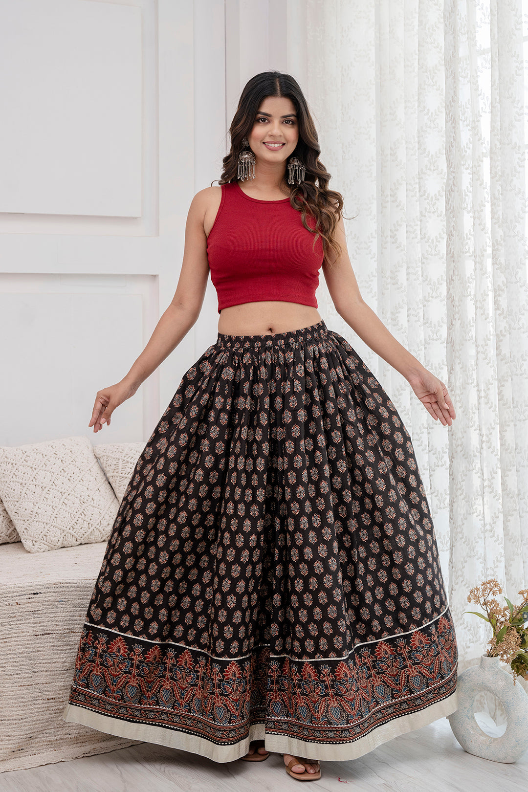 Women Black Ethnic Printed Gotta Patti Work Skirt | LASVINI - Redefining Indian Fashion with Elegance
