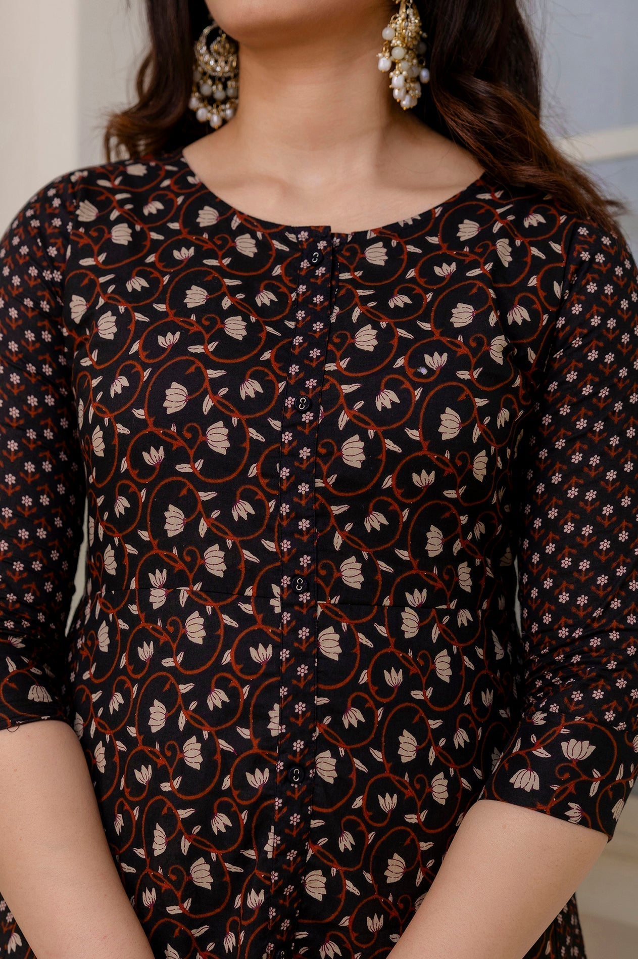 Women Black Ethnic Printed Flared Dress | LASVINI - Redefining Indian Fashion with Elegance