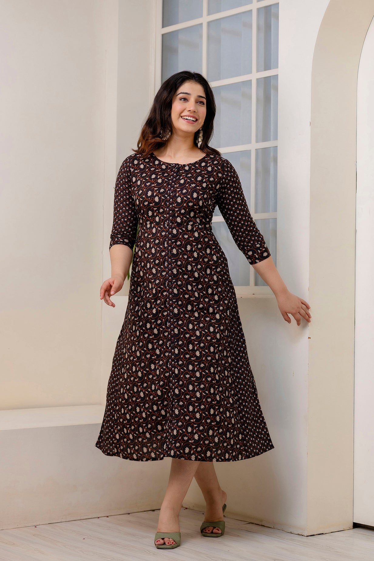 Women Black Ethnic Printed Flared Dress | LASVINI - Redefining Indian Fashion with Elegance