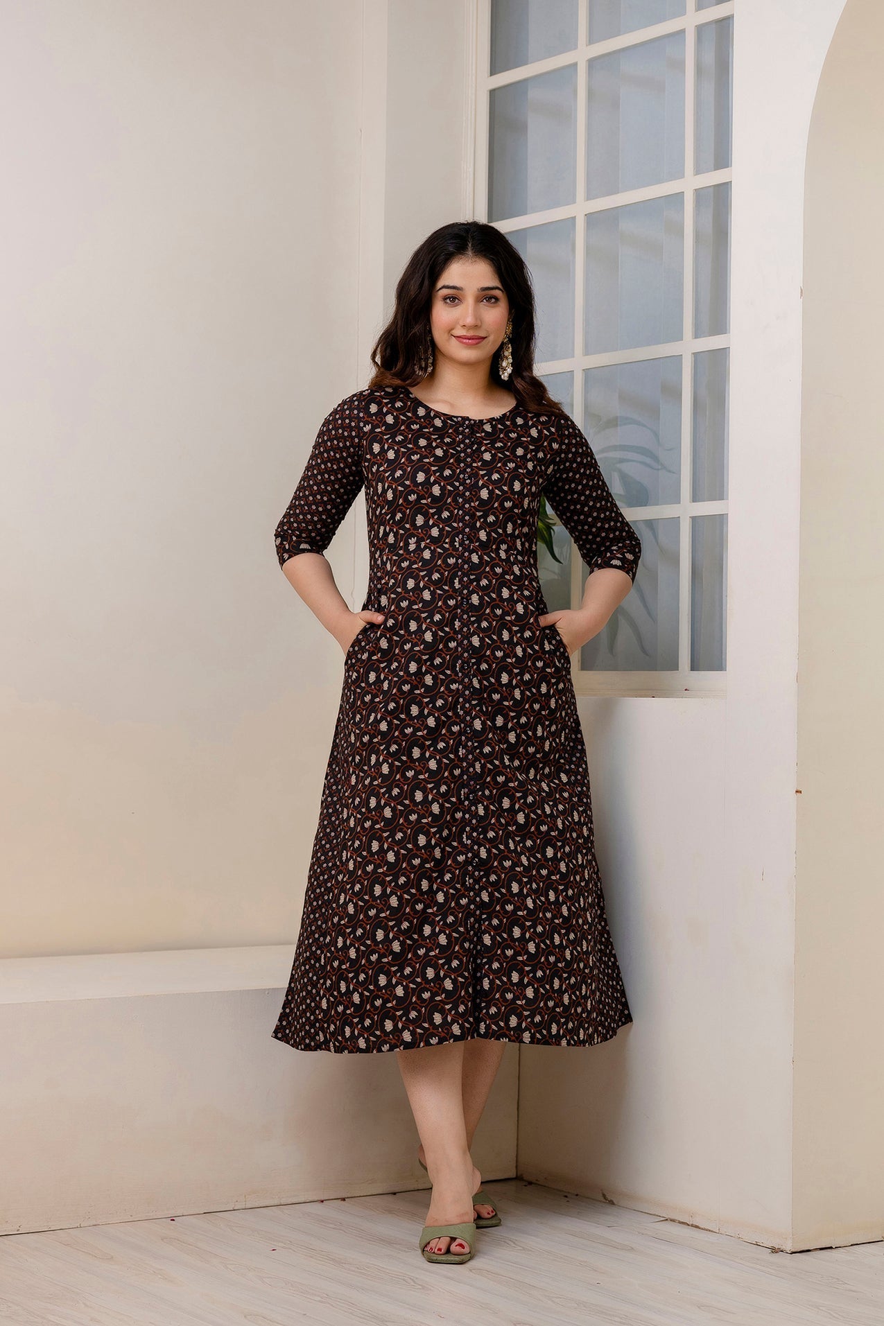 Women Black Ethnic Printed Flared Dress | LASVINI - Redefining Indian Fashion with Elegance
