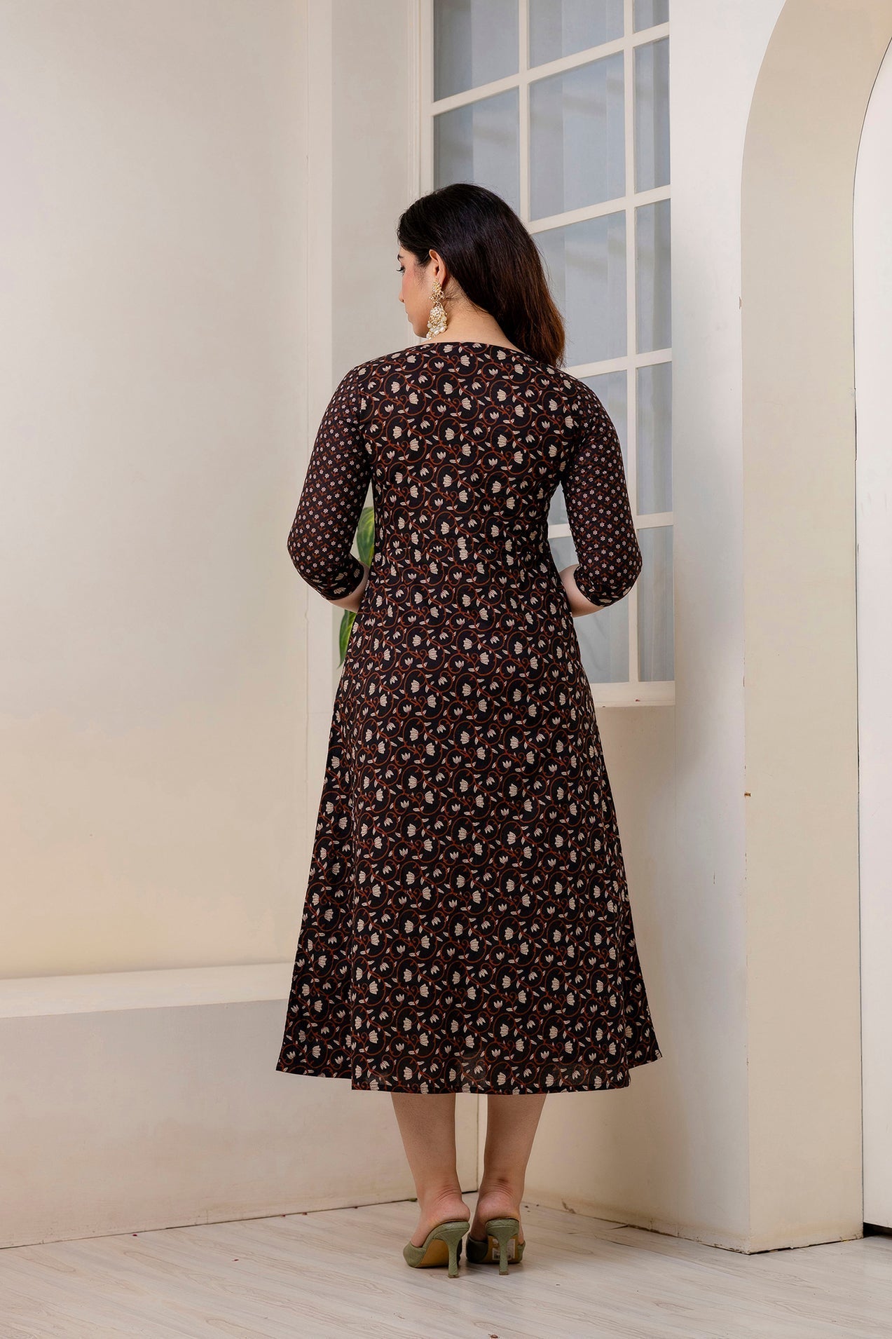 Women Black Ethnic Printed Flared Dress | LASVINI - Redefining Indian Fashion with Elegance