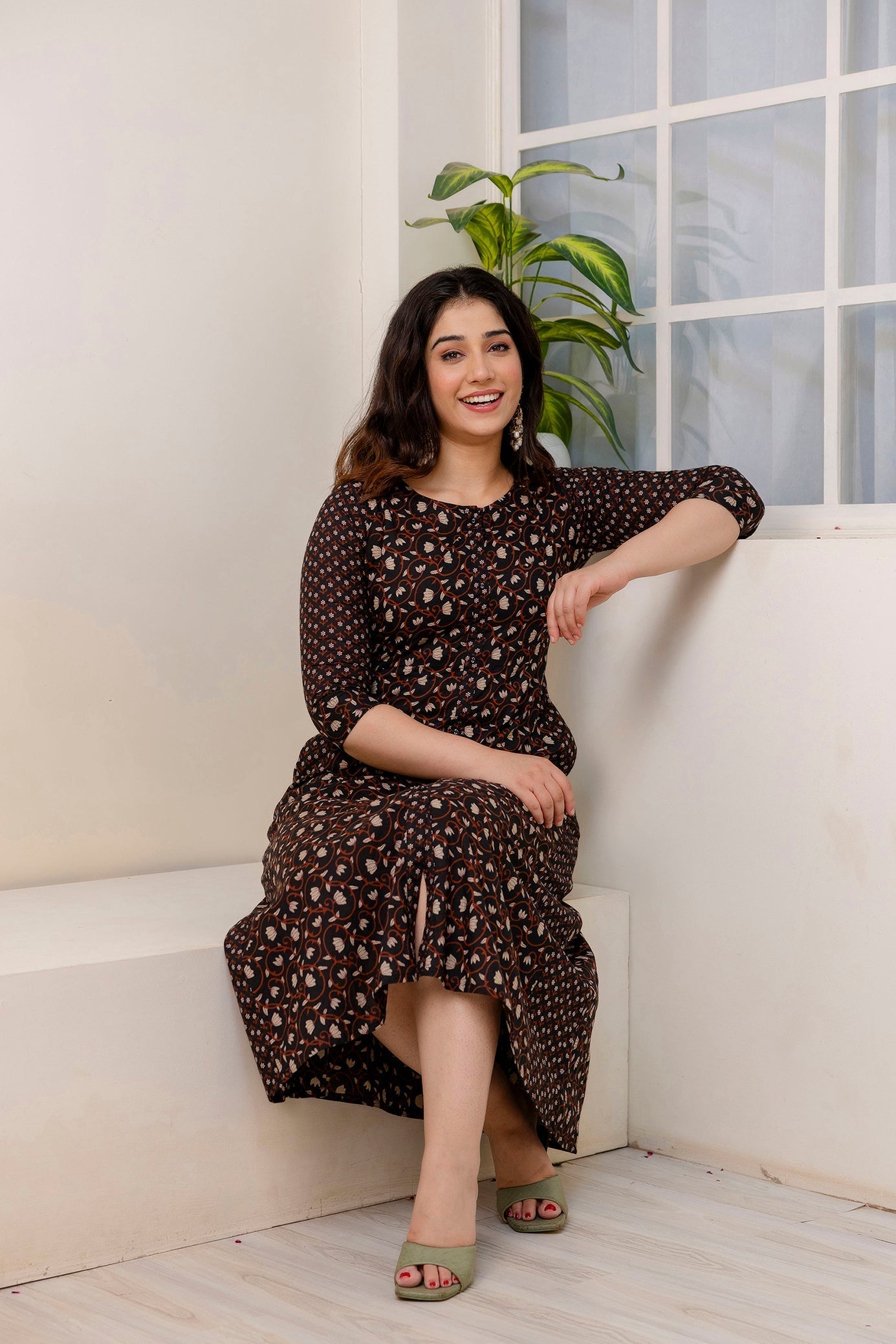 Women Black Ethnic Printed Flared Dress | LASVINI - Redefining Indian Fashion with Elegance