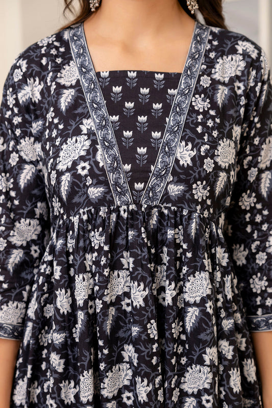 Women Black Ethnic Printed Anarkali Kurta And Trouser With Dupatta | LASVINI - Redefining Indian Fashion with Elegance