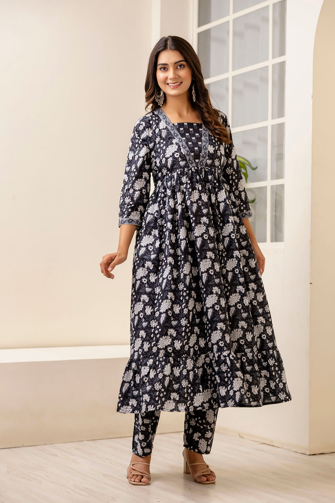Women Black Ethnic Printed Anarkali Kurta And Trouser With Dupatta | LASVINI - Redefining Indian Fashion with Elegance