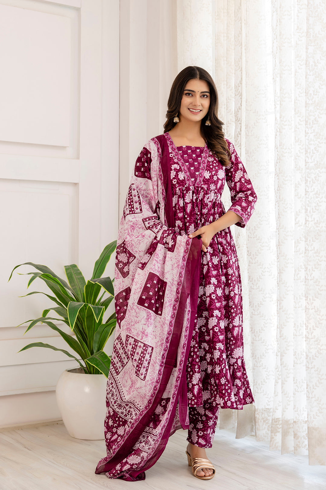 Women Purple Ethnic Printed Anarkali Kurta And Trouser With Dupatta | LASVINI - Redefining Indian Fashion with Elegance