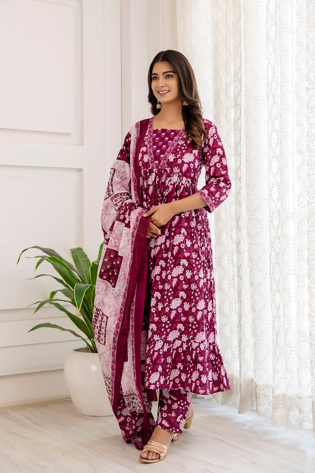 Women Purple Ethnic Printed Anarkali Kurta And Trouser With Dupatta | LASVINI - Redefining Indian Fashion with Elegance