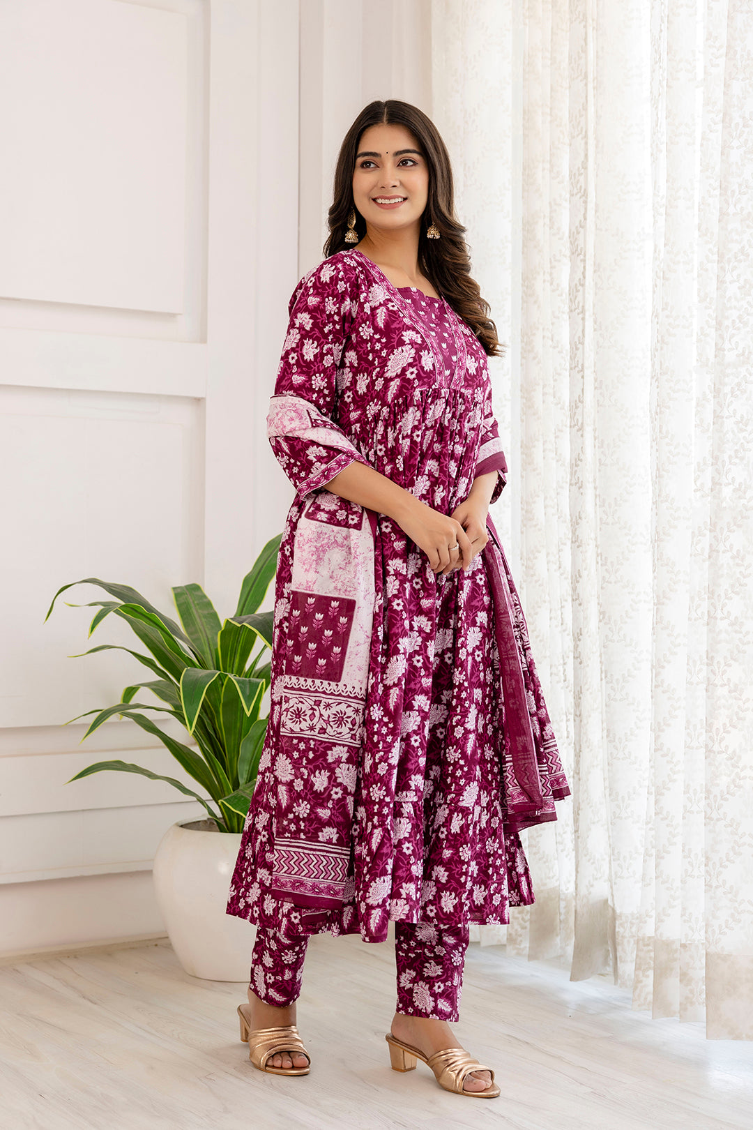 Women Purple Ethnic Printed Anarkali Kurta And Trouser With Dupatta | LASVINI - Redefining Indian Fashion with Elegance