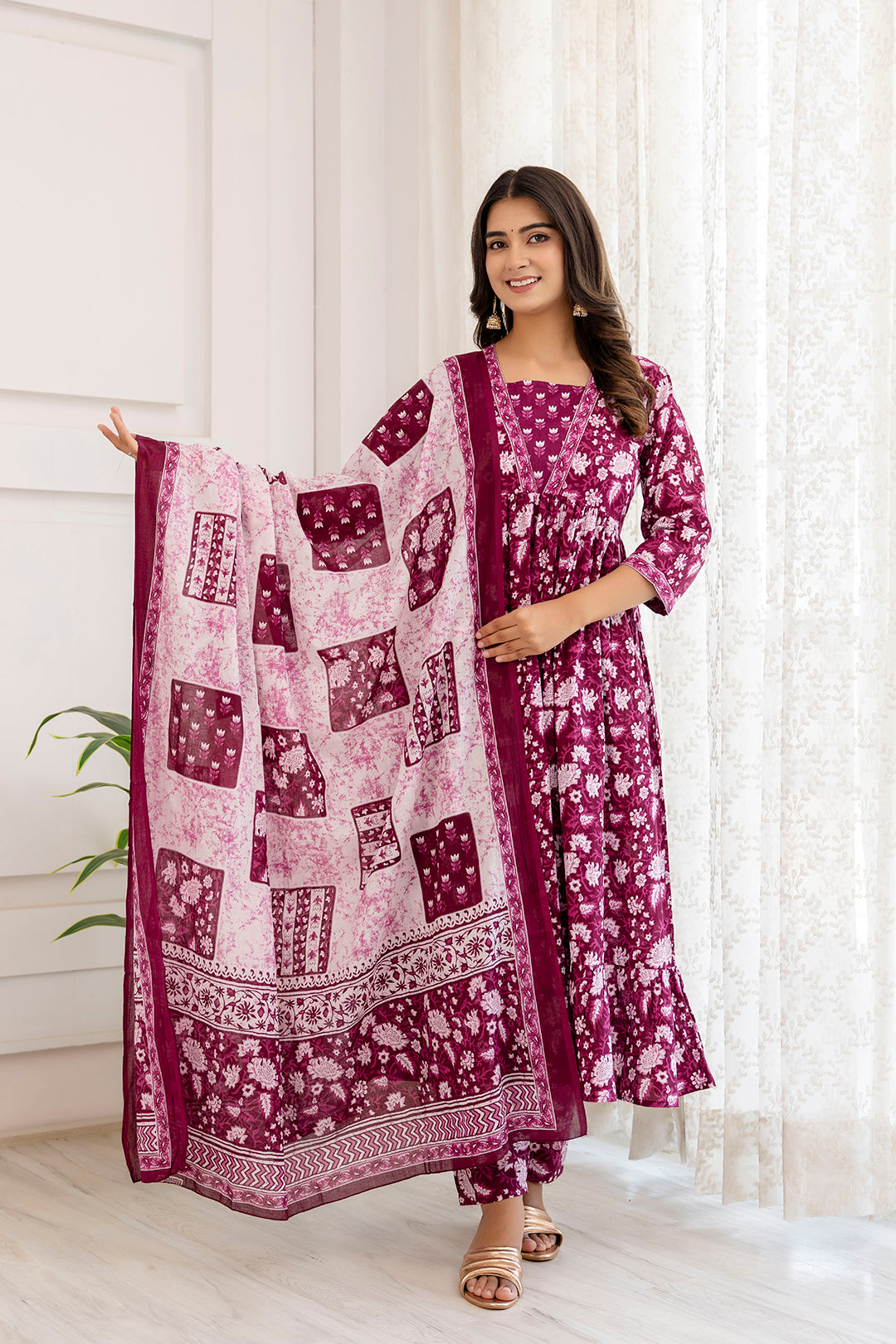 Women Purple Ethnic Printed Anarkali Kurta And Trouser With Dupatta | LASVINI - Redefining Indian Fashion with Elegance