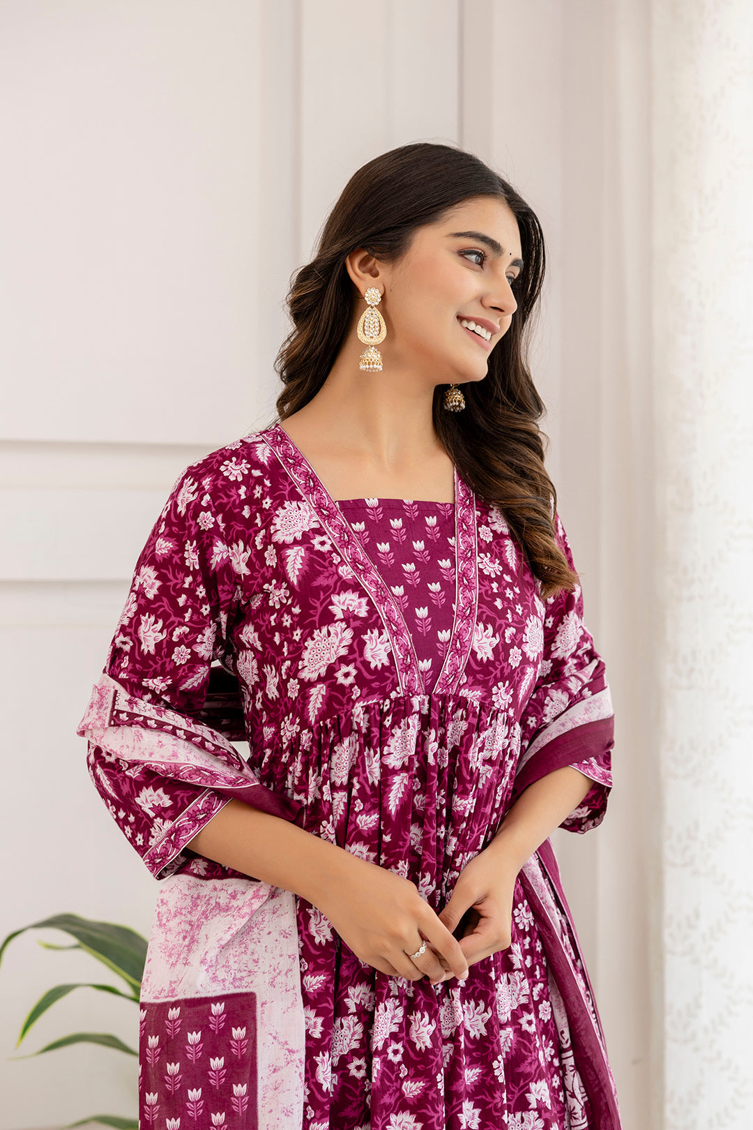 Women Purple Ethnic Printed Anarkali Kurta And Trouser With Dupatta | LASVINI - Redefining Indian Fashion with Elegance