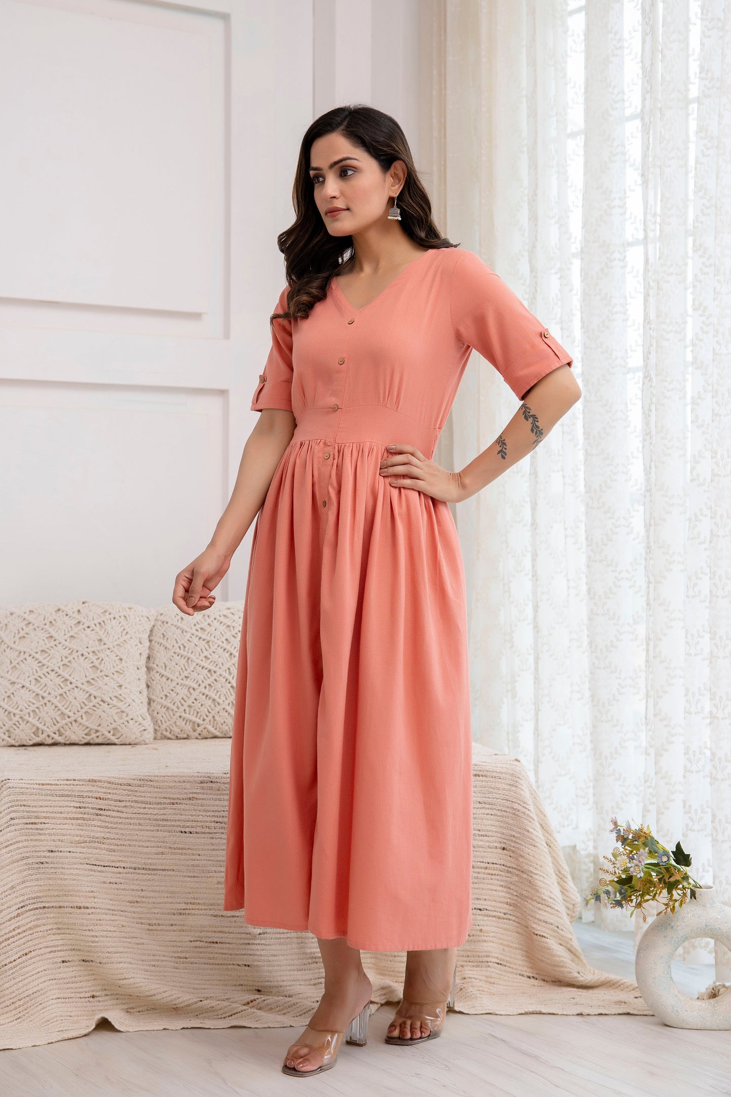 Women Solid Peach Color V- Neck Flared Dress | LASVINI - Redefining Indian Fashion with Elegance