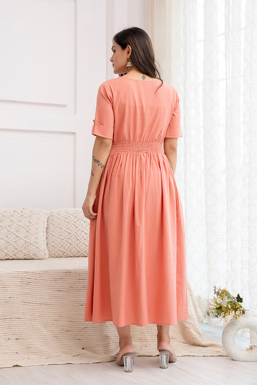 Women Solid Peach Color V- Neck Flared Dress | LASVINI - Redefining Indian Fashion with Elegance