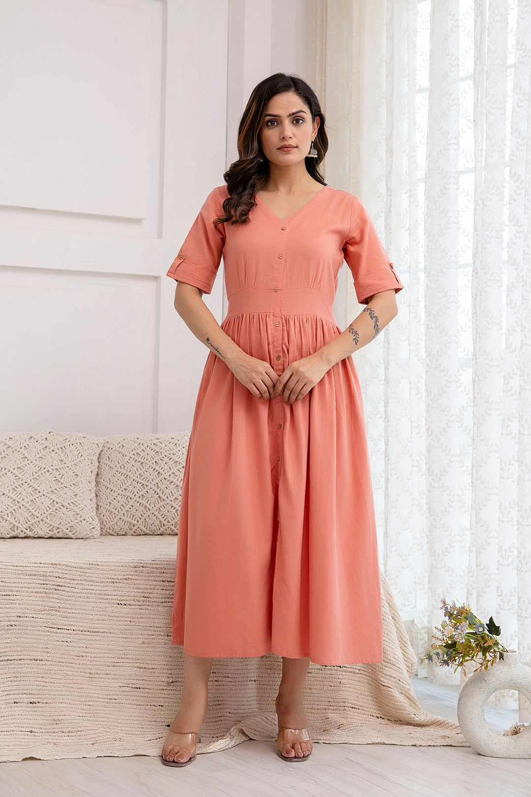 Women Solid Peach Color V- Neck Flared Dress | LASVINI - Redefining Indian Fashion with Elegance