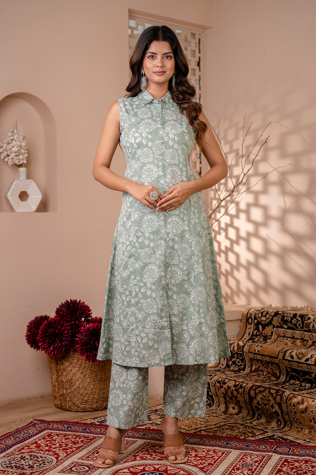 Women Green Printed A-Line Kurta With Trouser | LASVINI - Redefining Indian Fashion with Elegance