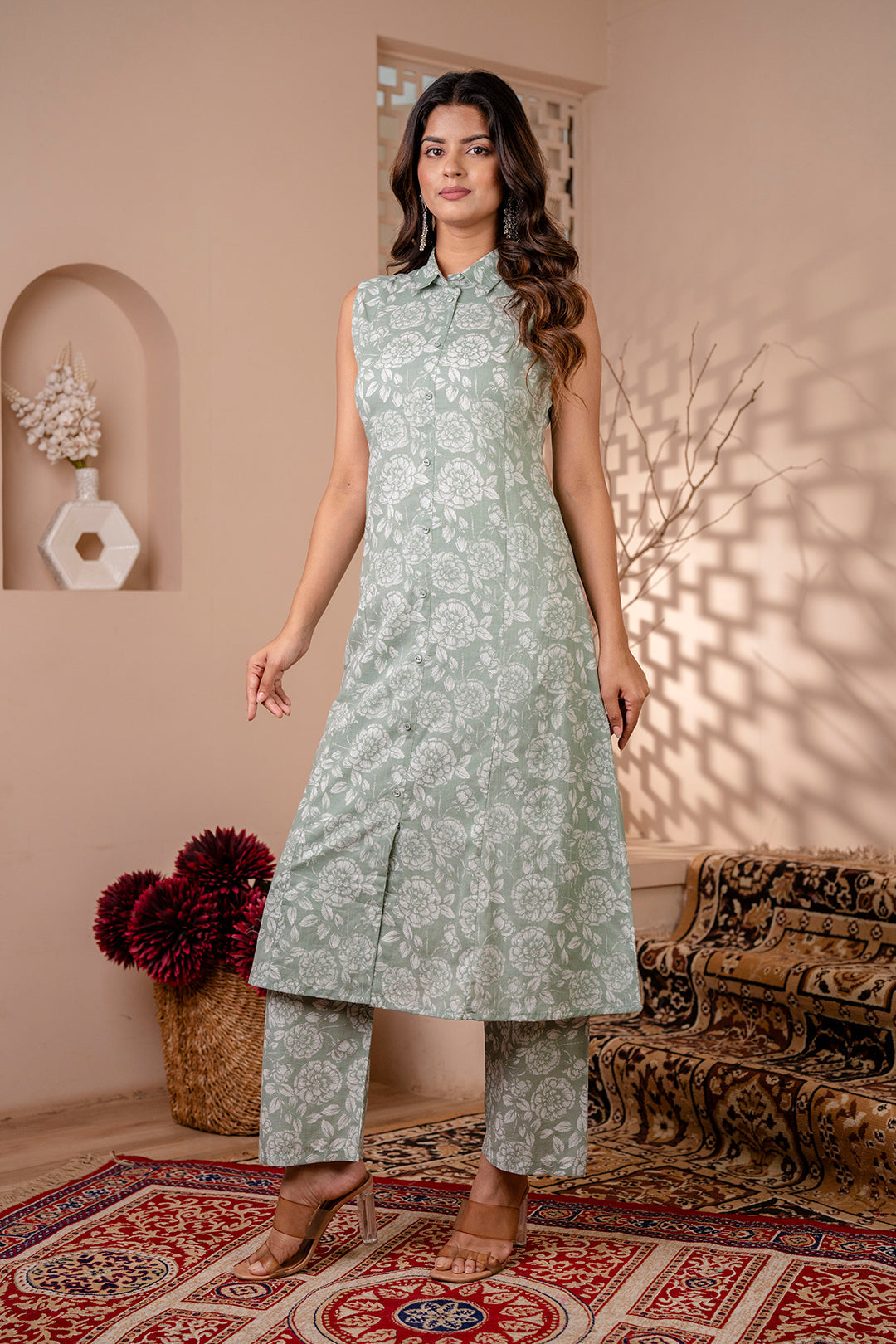 Women Green Printed A-Line Kurta With Trouser | LASVINI - Redefining Indian Fashion with Elegance