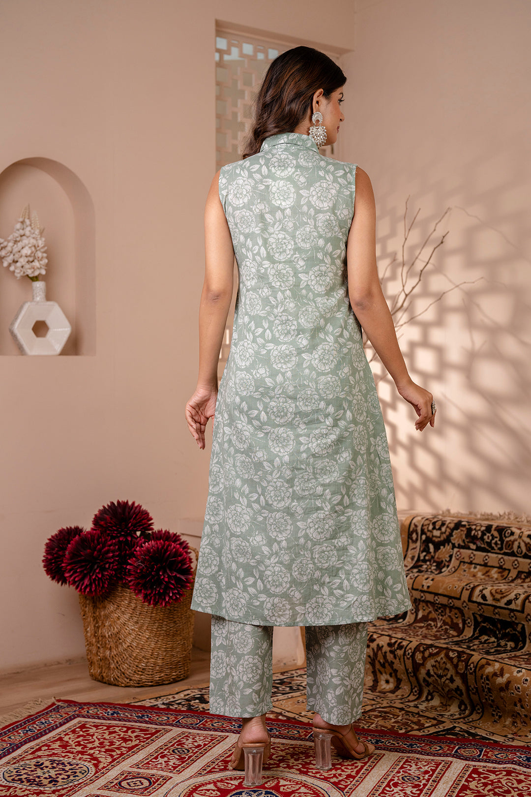Women Green Printed A-Line Kurta With Trouser | LASVINI - Redefining Indian Fashion with Elegance