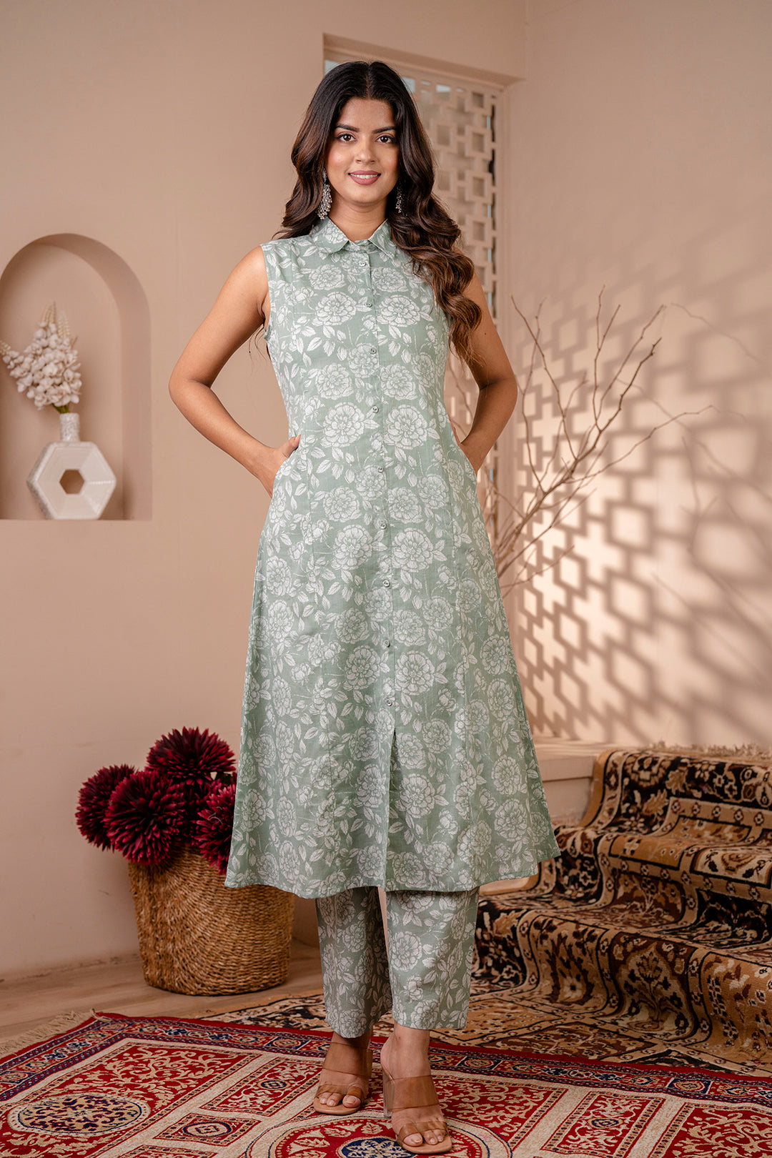 Women Green Printed A-Line Kurta With Trouser | LASVINI - Redefining Indian Fashion with Elegance
