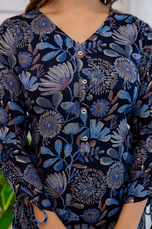 Women Navy Blue Ethnic Printed Straight Kurta With Trouser | LASVINI - Redefining Indian Fashion with Elegance