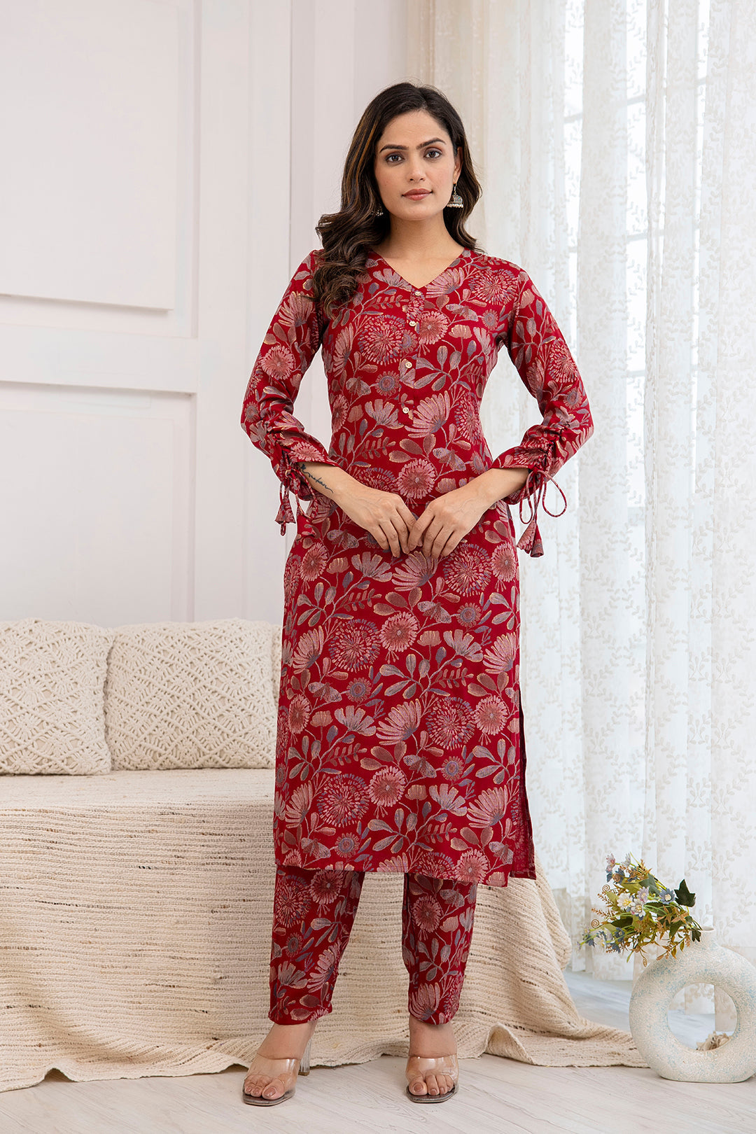 Women Maroon Printed Straight Kurta With Trouser | LASVINI - Redefining Indian Fashion with Elegance