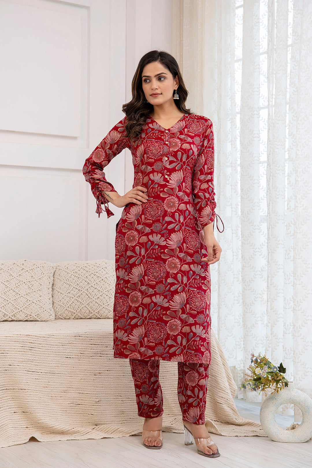 Women Maroon Printed Straight Kurta With Trouser | LASVINI - Redefining Indian Fashion with Elegance