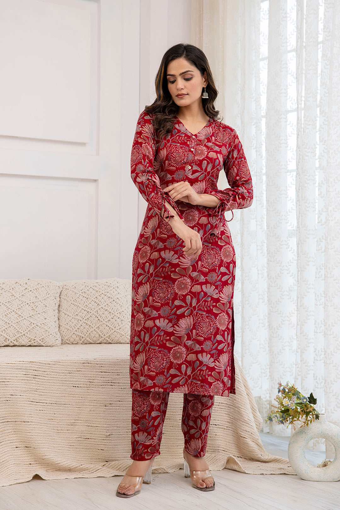 Women Maroon Printed Straight Kurta With Trouser | LASVINI - Redefining Indian Fashion with Elegance