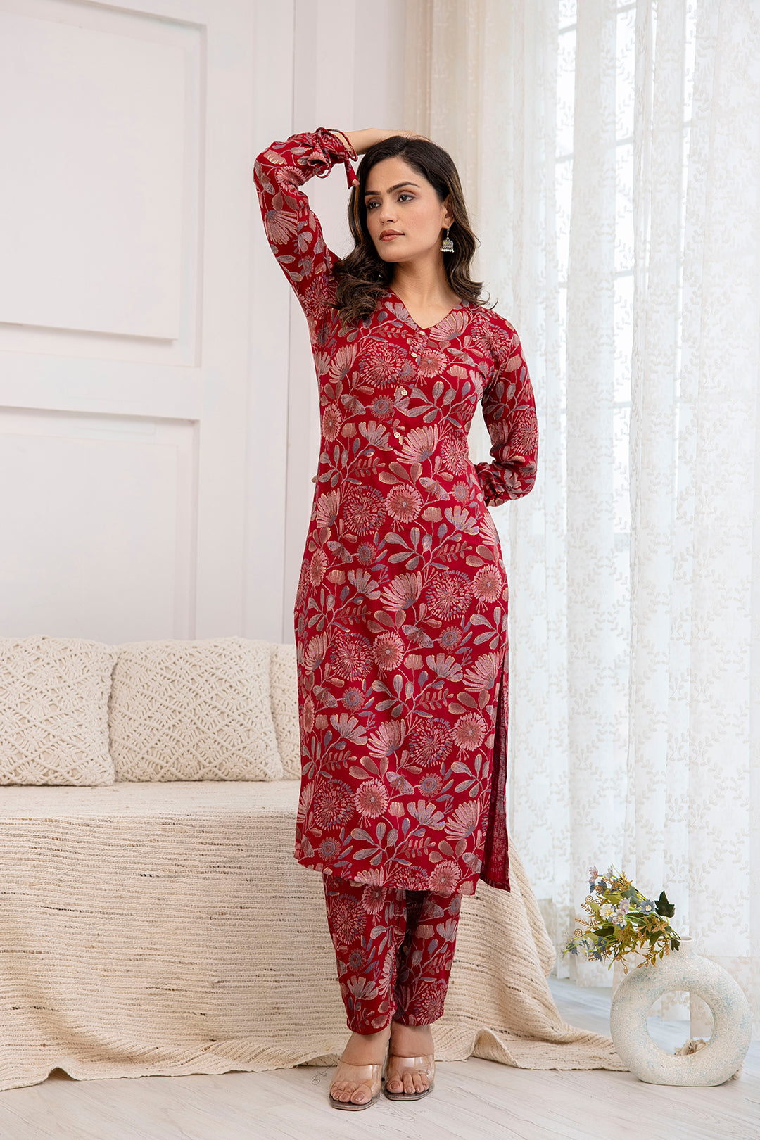 Women Maroon Printed Straight Kurta With Trouser | LASVINI - Redefining Indian Fashion with Elegance