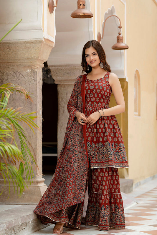 Maroon Printed Kurti And Sharara Set With Dupatta | LASVINI - Redefining Indian Fashion with Elegance