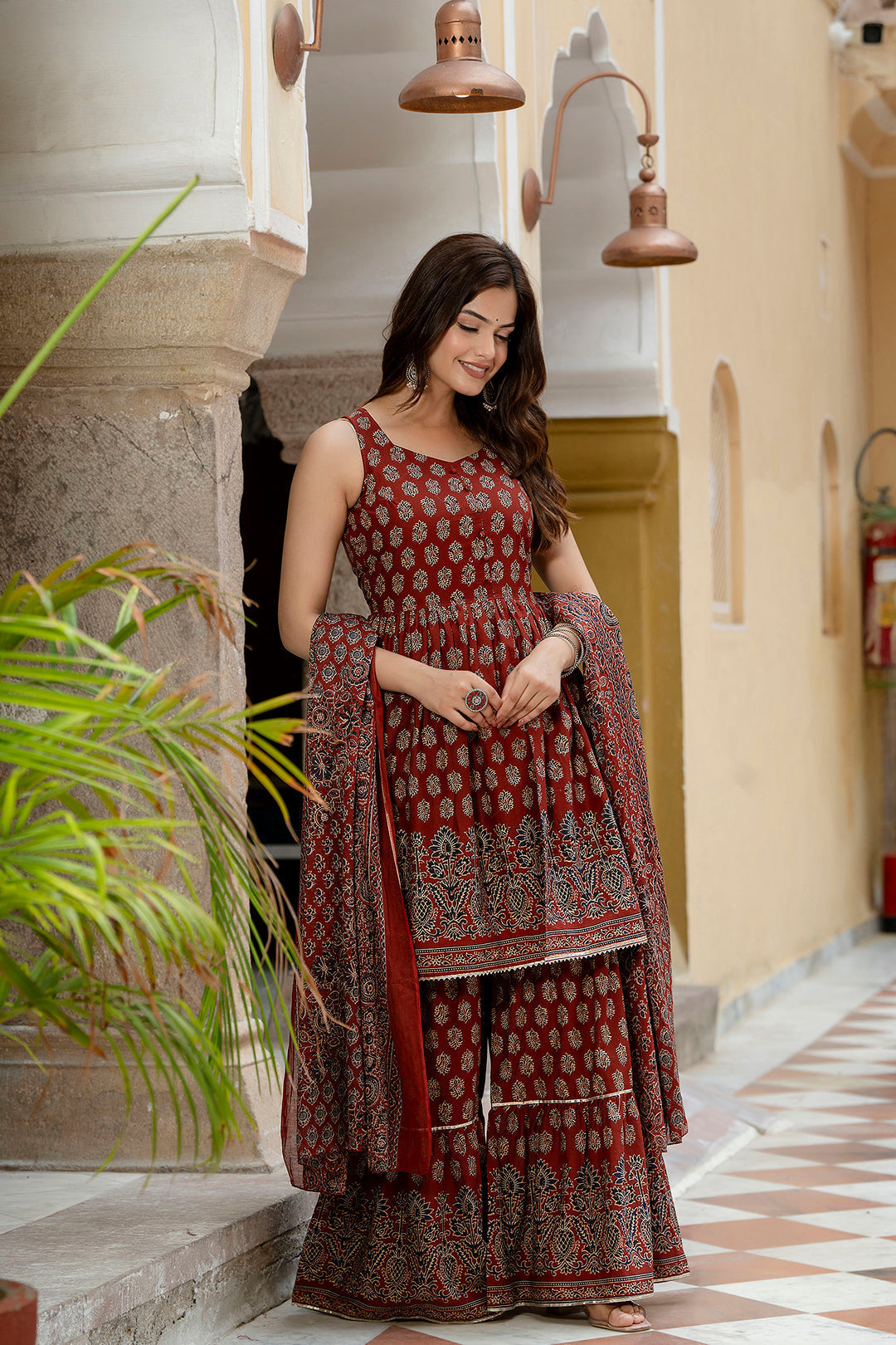 Maroon Printed Kurti And Sharara Set With Dupatta | LASVINI - Redefining Indian Fashion with Elegance